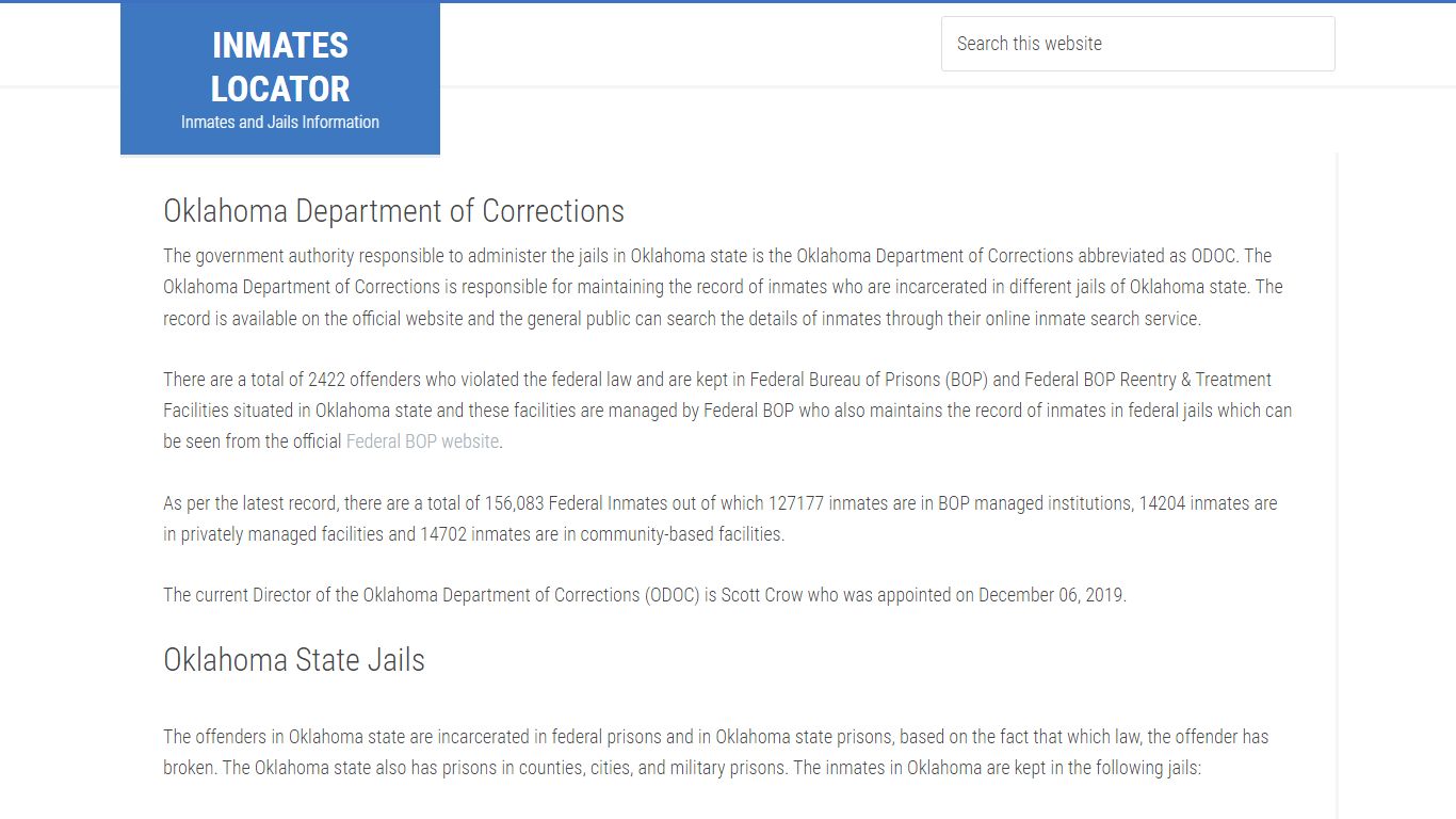 Oklahoma Department of Corrections - Inmates Locator